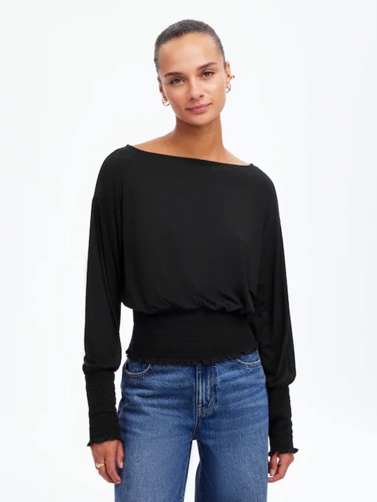 Madewell Tops - Madewell Cinched Long-Sleeve Top Women's Black Boatneck Smocked-Waist Top